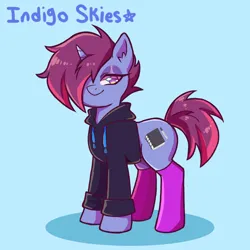 Size: 1500x1500 | Tagged: safe, artist:artkett1412, edit, editor:strifesnout, oc, oc:indigo sky, pony, unicorn, bedroom eyes, blue background, clothes, cutie mark, ear fluff, hair over one eye, hoodie, horn, image, looking at you, png, short tail, simple background, smiling, smiling at you, socks, solo, unicorn oc