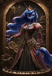 Size: 3328x4864 | Tagged: safe, ai content, derpibooru import, machine learning generated, part of a set, prompter:lunarusnexus, stable diffusion, princess luna, alicorn, anthro, blue mane, blue skin, clothes, crown, dress, ethereal mane, female, gears, gown, image, jewelry, multicolored hair, png, portrait of a princess, regalia, solo, steampunk