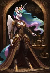 Size: 3328x4864 | Tagged: safe, ai content, derpibooru import, machine learning generated, part of a set, prompter:lunarusnexus, stable diffusion, princess celestia, alicorn, anthro, unguligrade anthro, clothes, crown, dress, ethereal mane, female, gears, gown, image, jewelry, multicolored hair, png, portrait of a princess, regalia, solo, steampunk