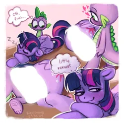 Size: 3220x3200 | Tagged: suggestive, artist:bloodymrr, derpibooru import, spike, twilight sparkle, twilight sparkle (alicorn), alicorn, dragon, pony, alternate universe, blushing, censored, emotions, eyes closed, female, fetish, g4, heart, horny, image, male, molestation, png, sex, shipping, simple background, sleep molestation, sleeping, smiling, speech bubble, straight, text, twispike