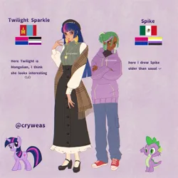 Size: 2048x2048 | Tagged: safe, artist:cryweas, derpibooru import, spike, twilight sparkle, dragon, human, pony, unicorn, alternate hairstyle, asexual, asexual pride flag, bisexual pride flag, clothes, coat, converse, dark skin, dreadlocks, ear piercing, earring, gritted teeth, hat, headcanon, high heels, hoodie, humanized, image, jewelry, jpeg, mexican, mexican flag, mongolia, mongolian, necklace, nonbinary, nonbinary pride flag, piercing, pride, pride flag, purple background, ring, shirt, shoes, simple background, socks, stockings, striped socks, sweater vest, teeth, thigh highs, unicorn twilight