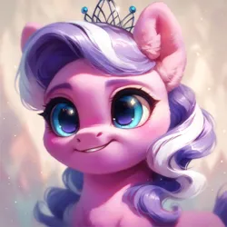 Size: 4096x4096 | Tagged: safe, ai content, derpibooru import, machine learning assisted, machine learning generated, stable diffusion, diamond tiara, earth pony, pony, big eyes, blue eyes, blushing, crown, cute, ear fluff, fluffy, g4, generator:purplesmart.ai, happy, image, jewelry, png, prompter:saltyvity, purple mane, regalia, simple background, smiling, solo, sparkles