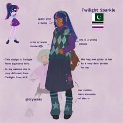 Size: 2048x2048 | Tagged: safe, artist:cryweas, derpibooru import, sci-twi, spike, twilight sparkle, cyborg, human, equestria girls, alternate hairstyle, asexual, asexual pride flag, bag, boots, clothes, dark skin, duo, eyeshadow, g4, glasses, headcanon, hoodie, humanized, image, islam, jpeg, leg warmers, leggings, makeup, nonbinary, open mouth, pakistan, pride, pride flag, purple background, reference sheet, shoes, shorts, simple background, skirt, socks, sweater, sweater vest