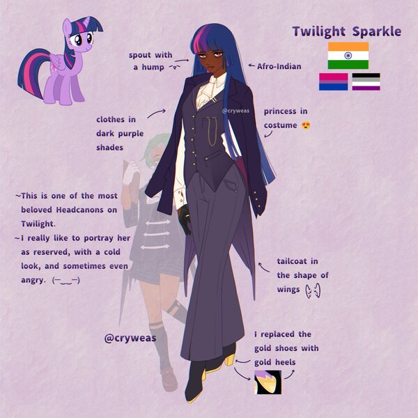 Size: 2048x2048 | Tagged: safe, artist:cryweas, derpibooru import, spike, twilight sparkle, twilight sparkle (alicorn), alicorn, human, pony, african, alternate hairstyle, asexual, asexual pride flag, bisexual pride flag, boots, clothes, coat, dark skin, duo, eyeshadow, female, gloves, headcanon, high heel boots, hoof shoes, humanized, image, india, indian, jpeg, makeup, mare, nonbinary, open mouth, pants, pride, pride flag, purple background, reference sheet, shirt, shoes, shorts, simple background, skirt, socks, suit, vest