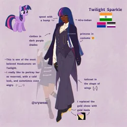 Size: 2048x2048 | Tagged: safe, artist:cryweas, derpibooru import, spike, twilight sparkle, twilight sparkle (alicorn), alicorn, human, pony, african, alternate hairstyle, asexual, asexual pride flag, bisexual pride flag, boots, clothes, coat, dark skin, duo, eyeshadow, female, gloves, headcanon, high heel boots, hoof shoes, humanized, image, india, indian, jpeg, makeup, mare, nonbinary, open mouth, pants, pride, pride flag, purple background, reference sheet, shirt, shoes, shorts, simple background, skirt, socks, suit, vest