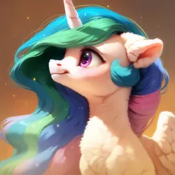 Size: 4096x4096 | Tagged: safe, ai content, derpibooru import, machine learning assisted, machine learning generated, stable diffusion, princess celestia, alicorn, pony, beautiful, blushing, cute, ear fluff, fluffy, g4, generator:purplesmart.ai, happy, image, long hair, pink eyes, png, prompter:saltyvity, simple background, smiling, solo, sparkles