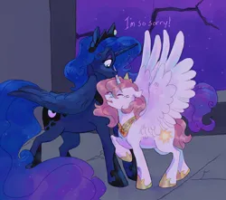 Size: 1700x1500 | Tagged: safe, artist:abbytabbys, derpibooru import, princess celestia, princess luna, alicorn, pony, friendship is magic, alternate universe, blue coat, blue mane, castle of the royal pony sisters, colored, colored eyebrows, crown, crying, curly mane, curly tail, detailed background, dialogue, duo, duo female, ethereal mane, ethereal tail, eye clipping through hair, eyebrows, eyebrows visible through hair, eyelashes, eyes closed, eyeshadow, female, floppy ears, folded wings, frown, g4, gradient mane, gradient tail, height difference, hoof shoes, horn, image, indoors, jewelry, jpeg, large wings, long horn, long mane, long tail, looking at someone, makeup, night, open frown, open mouth, peytral, pink mane, pink tail, pink-mane celestia, princess shoes, profile, purple eyeshadow, raised hoof, regalia, reunion, role reversal, royal sisters, shiny mane, shiny tail, short tail, siblings, sisters, sparkly mane, sparkly tail, spread wings, standing, starry mane, starry tail, stars, tail, talking, teeth, text, tiara, unicorn horn, white coat, wing fluff, wings, young celestia, younger celestia