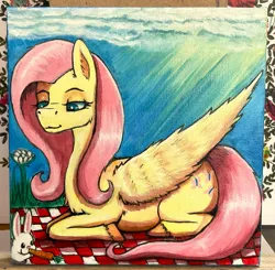 Size: 1963x1922 | Tagged: safe, artist:br333, derpibooru import, fluttershy, rabbit, acrylic painting, animal, auction, image, jpeg, painting, picnic, traditional art