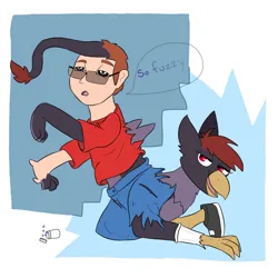 Size: 1920x1920 | Tagged: safe, artist:wereskunk, derpibooru import, oc, gryphon, human, blushing, clothes, glasses, griffon oc, human to griffon, image, jpeg, lidded eyes, male to female, mid-transformation, open mouth, pants, pills, ripped, ripped pants, ripped shirt, rule 63, shirt, shoes, socks, solo, speech bubble, torn clothes, torn socks, transformation, transgender transformation, upside down transformation