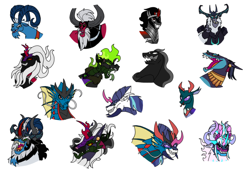 Size: 2000x1414 | Tagged: safe, artist:zetikoopa, derpibooru import, ahuizotl, grogar, king sombra, lord tirek, pharynx, pony of shadows, shining armor, storm king, oc, oc:alastor, oc:bass thunder, oc:dark havok, oc:keiran, oc:odysseus, oc:phantom infinite, ahuizotl (species), centaur, changedling, changeling, dragon, goat, hybrid, kirin, longma, shadow pony, siren, storm creature, taur, umbrum, my little pony: the movie, alexandrite arcane, amalgamation, antagonist, evil grin, evil laugh, female to male, fusion, grin, image, kirin oc, laughing, looking at you, male, male siren, monster shining armor, png, prince pharynx, rule 63, smiling, species swap