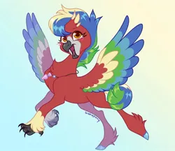 Size: 827x715 | Tagged: safe, artist:bishopony, derpibooru import, oc, oc:ruby (ruby.hippogriff), unofficial characters only, bird, hippogriff, parrot, blue hooves, claws, colored, colored hooves, colored wings, commission, eyelashes, flying, hippogriff oc, image, jewelry, jpeg, leg fluff, multicolored hair, multicolored tail, multicolored wings, necklace, non-pony oc, open mouth, open smile, red feathers, shiny eyes, shiny hair, shiny hooves, shiny tail, short hair, short tail, signature, smiling, solo, spread wings, tail, wing fluff, wingding eyes, wings, yellow eyes