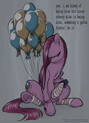 Size: 978x1342 | Tagged: safe, artist:expectationemesis, derpibooru import, pinkie pie, earth pony, pony, balloon, bandage, belly, female, frog (hoof), g4, hoof heart, hoof on belly, image, mare, pinkamena diane pie, png, scar, self harm, signature, underhoof