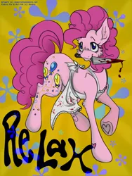 Size: 788x1046 | Tagged: semi-grimdark, artist:expectationemesis, derpibooru import, pinkie pie, earth pony, pony, apron, clothes, dripping blood, female, frog (hoof), hoof heart, image, knife, mare, png, underhoof