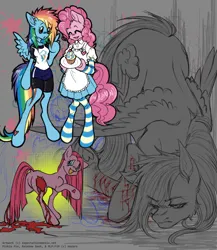 Size: 1000x1150 | Tagged: grimdark, artist:expectationemesis, derpibooru import, pinkie pie, rainbow dash, earth pony, pegasus, pony, semi-anthro, apron, blood, clothes, cupcake, ear piercing, earring, food, hoof heart, image, jewelry, piercing, pinkamena diane pie, png, self harm, socks, striped socks, underhoof