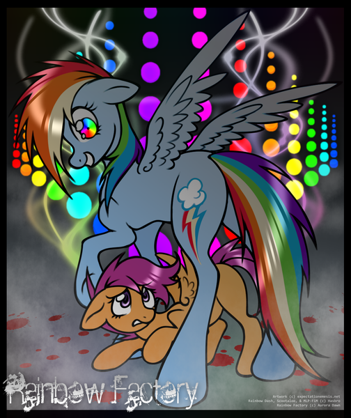 Size: 1050x1250 | Tagged: safe, artist:expectationemesis, derpibooru import, rainbow dash, scootaloo, pegasus, pony, fanfic:rainbow factory, blood, blood splatter, duo, fanfic art, female, filly, foal, image, mare, png, signature