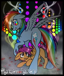 Size: 1050x1250 | Tagged: safe, artist:expectationemesis, derpibooru import, rainbow dash, scootaloo, pegasus, pony, fanfic:rainbow factory, blood, blood splatter, duo, fanfic art, female, filly, foal, image, mare, png, signature