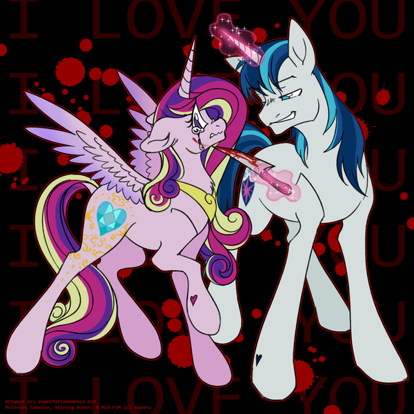 Size: 1200x1200 | Tagged: semi-grimdark, artist:expectationemesis, derpibooru import, princess cadance, shining armor, alicorn, pony, unicorn, blood, female, hoof heart, horn, image, knife, magic, male, mare, png, stallion, underhoof