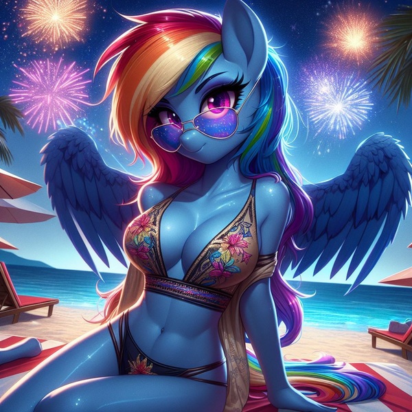 Size: 1024x1024 | Tagged: safe, ai content, derpibooru import, machine learning generated, prompter:glimmy-glam, rainbow dash, anthro, abs, aviator sunglasses, beach, beach chair, bikini, breasts, chair, cleavage, clothes, fireworks, generator:dall-e 3, image, jpeg, looking at you, night, off shoulder, palm tree, shawl, solo, sunglasses, swimsuit, towel, tree, umbrella