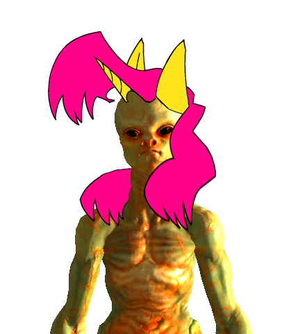 Size: 419x481 | Tagged: safe, derpibooru import, oc, oc:twister pop, alien, unicorn, abomination, fallout, fallout 3, horn, image, not salmon, png, simple background, transparent background, unicorn oc, wat