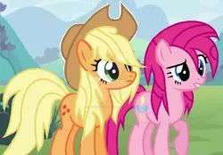 Size: 600x417 | Tagged: safe, artist:kiferat, artist:pinkienaturepie, derpibooru import, applejack, pinkie pie, earth pony, pony, applejack's hat, base used, cowboy hat, duo, female, g4, hat, image, jpeg, messy mane