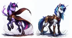 Size: 1800x960 | Tagged: safe, ai content, derpibooru import, machine learning generated, shining armor, twilight sparkle, pony, unicorn, armor, blood, brother and sister, cloak, clothes, duo, fantasy, female, fit, grass, horn, image, jpeg, magic, male, mare, muscles, rock, siblings, simple background, slender, stallion, sternocleidomastoid, thin, white background