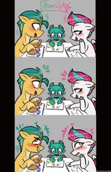 Size: 596x917 | Tagged: safe, artist:jully-park, derpibooru import, hitch trailblazer, sparky sparkeroni, zipp storm, dragon, earth pony, pegasus, pony, g5, blushing, female, gray background, image, male, mare, png, ship:stormblazer, shipping, simple background, stallion, straight, trio