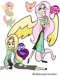 Size: 965x1240 | Tagged: safe, artist:aravaliadatlia, derpibooru import, fluttershy, bird, human, rabbit, equestria girls, alternate hairstyle, animal, cardigan, clothes, cute, dress, elf ears, female, flats, g4, grin, humanized, image, jewelry, jpeg, natural hair color, necklace, shoes, shyabetes, simple background, skirt, smiling, solo, thin, white background, winged humanization, wings