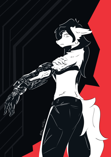 Size: 2480x3508 | Tagged: safe, artist:ollie sketchess, derpibooru import, oc, oc:eve string, unofficial characters only, anthro, earth pony, cyberpunk, cyberpunk 2077, image, png, simple background