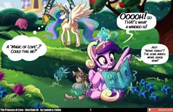 Size: 2560x1661 | Tagged: safe, artist:faline-art, artist:lummh, derpibooru import, princess cadance, princess celestia, smarty pants, alicorn, pony, comic:the princess of love, book, butt, canterlot gardens, cute, cutedance, dialogue, duo, duo female, female, filly, filly cadance, flower, g4, garden, hedge, high res, image, levitation, looking back, magic, mare, mouth hold, plot, png, reading, scissors, sewing, sewing needle, sitting, speech bubble, spread wings, sunbutt, telekinesis, thought bubble, tree, wings, younger
