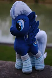 Size: 4160x6240 | Tagged: safe, artist:psychoshy_bc1q, ponerpics import, ponybooru import, night glider, pegasus, pony, bokeh, cute, grass, image, irl, jpeg, photo, plushie, river, solo, water