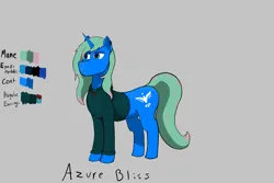 Size: 3000x2000 | Tagged: safe, artist:petri_1127, derpibooru import, oc, oc:azure bliss, unofficial characters only, pony, unicorn, blue coat, blue eyes, clothes, female, green mane, hoodie, horn, image, mare, png, reference sheet, unicorn oc