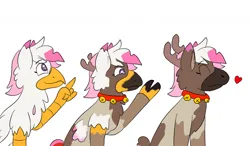 Size: 1280x747 | Tagged: safe, artist:wereskunk, derpibooru import, oc, oc:foxxy hooves, deer, hippogriff, reindeer, bell, bell collar, collar, eyes closed, female, heart, hippogriff oc, hippogriff to reindeer, image, jpeg, looking up, pointing, reindeerified, simple background, species swap, transformation, transformation sequence, white background