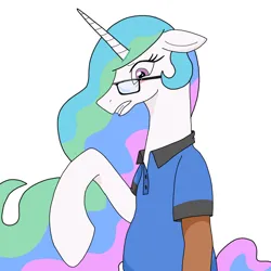 Size: 1280x1280 | Tagged: safe, artist:wereskunk, derpibooru import, princess celestia, alicorn, human, pony, blushing, clothes, ethereal mane, g4, glasses, human to pony, image, jpeg, male to female, mid-transformation, polo shirt, rule 63, shirt, simple background, solo, transformation, transgender transformation, white background