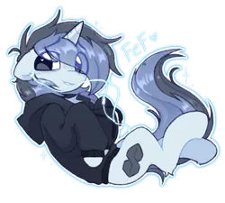 Size: 532x479 | Tagged: safe, artist:flixanoa, derpibooru import, oc, oc:fef, unofficial characters only, pony, unicorn, clothes, earbuds, eye clipping through hair, floppy ears, hoodie, horn, image, png, simple background, smiling, solo, transparent background, unicorn oc