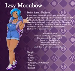 Size: 6347x6048 | Tagged: safe, artist:jackudoggy, derpibooru import, izzy moonbow, human, g5, abstract background, big breasts, breasts, busty izzy moonbow, dark skin, gradient background, humanized, image, moderate dark skin, overall shorts, png, reference sheet, text