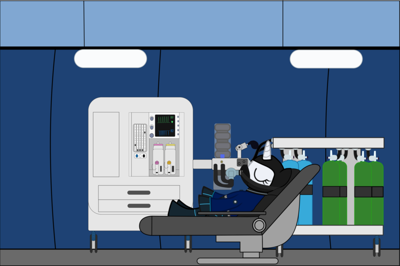 Size: 2268x1512 | Tagged: safe, artist:sonicstreak5344, derpibooru import, rarity, anesthesia, anesthesia mask, black anesthesia mask, breathing bag, chair, decompression chamber, drysuit, hood, image, laughing gas, mask, medical, nitros oxide, oxygen mask, oxygen tank, png, respirator, sleeping, technology