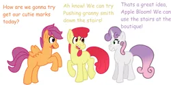 Size: 4092x2034 | Tagged: safe, artist:zoeyhorse, derpibooru import, apple bloom, scootaloo, sweetie belle, earth pony, pegasus, pony, unicorn, blank flank, cutie mark crusaders, dialogue, female, filly, foal, g4, high res, horn, image, implied granny smith, png, rearing, simple background, this will end in pain and/or death, tooth gap, trio, white background
