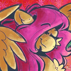 Size: 1024x1024 | Tagged: safe, artist:fluttersharpi, artist:yumkandie, derpibooru import, fluttershy, pegasus, pony, abstract background, bust, eyebrows, eyebrows visible through hair, eyes closed, female, fluffy, g4, image, jpeg, mare, signature, smiling, solo, wings