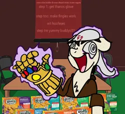 Size: 1040x943 | Tagged: safe, artist:atomgatherer, derpibooru import, oc, oc:atom gatherer, unofficial characters only, earth pony, pony, brown hoodie, chest fluff, custom designed for hooves thanos gauntlet, derpibooru exclusive, hat, image, mad with power, meme, png, solo, yummy dino buddies dinosoar shaped chicken breast nuggets