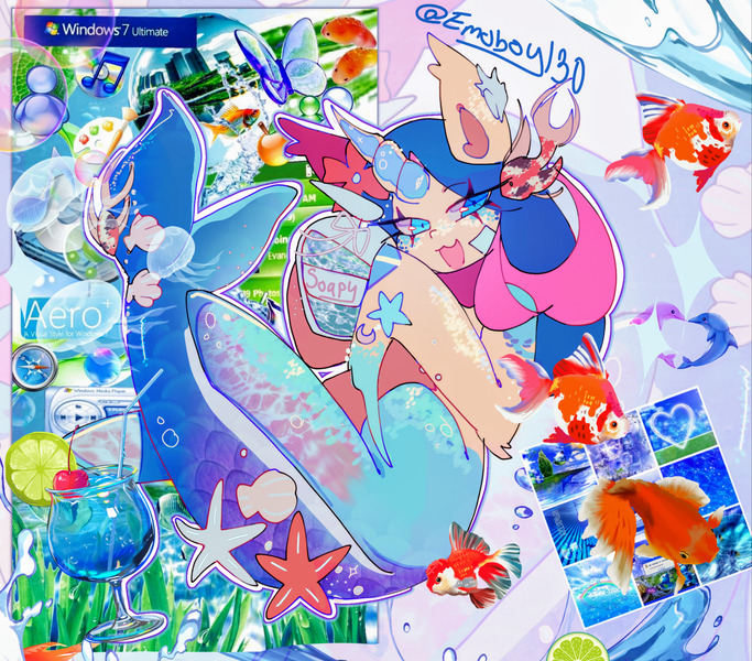 Size: 2048x1800 | Tagged: safe, artist:emoboy130, derpibooru import, oc, unnamed oc, unofficial characters only, fish, goldfish, merpony, pony, unicorn, :3, abstract background, bandaid, big ears, blue eyes, blue hooves, collage, colored hooves, colored horn, colored pinnae, ear tufts, eye clipping through hair, eyebrows, eyebrows visible through hair, eyelashes, fish tail, frutiger aero, hand soap, hoof hold, horn, image, in air, jpeg, lidded eyes, long mane, looking away, merpony oc, narrowed eyes, open mouth, open smile, outline, scales, shiny hooves, signature, smiling, soap, solo, tail, tall ears, two toned coat, two toned mane, unicorn horn