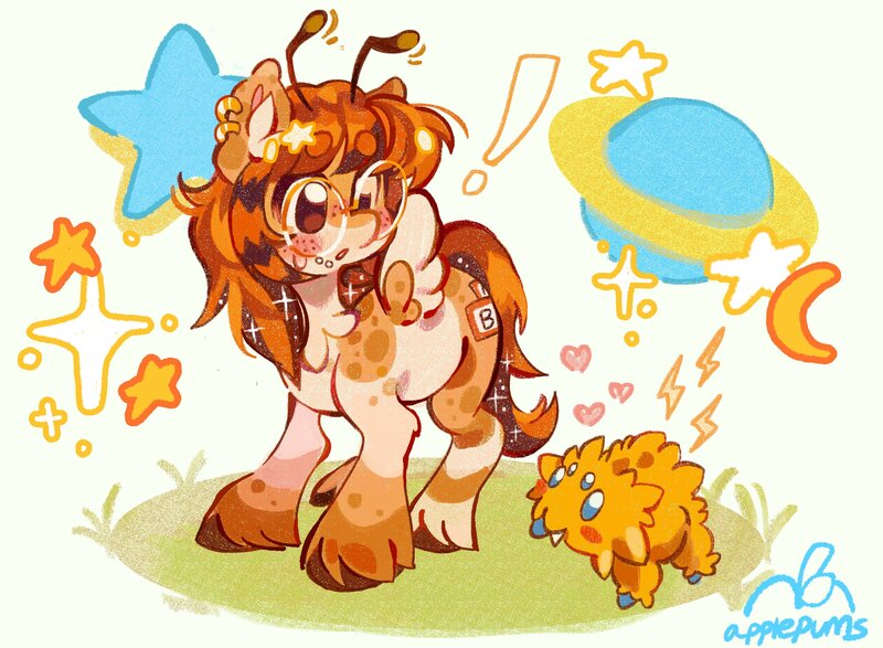 Size: 3500x2568 | Tagged: safe, artist:applepums, derpibooru import, oc, oc:monte story, unofficial characters only, insect, pegasus, pony, :o, antennae, beanbrows, big eyes, big glasses, blushing, brown eyes, brown hooves, chest fluff, coat markings, colored eartips, colored eyebrows, colored hooves, colored pinnae, colored wings, commission, cream coat, crescent moon, crossover, dyed mane, ear fluff, ear piercing, earring, exclamation point, eyebrows, facial markings, freckles, glasses, grass, hair accessory, hairclip, high res, image, jewelry, joltik, jpeg, long mane, long tail, looking at something, mane accessory, mealy mouth (coat marking), moon, motion lines, open mouth, orange mane, orange tail, outdoors, pegasus oc, piercing, planet, pokémon, ponysona, raccoon tail, round glasses, shiny eyes, shiny mane, signature, simple background, small wings, socks (coat marking), solo, sparkles, spots, spotted, spread wings, standing, stars, sweat, sweatdrop, tail, texture, two toned mane, two toned tail, two toned wings, unshorn fetlocks, wall of tags, wingding eyes, wings, yellow background