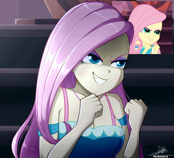 Size: 2134x1934 | Tagged: safe, artist:the-butch-x, derpibooru import, fluttershy, human, a fine line, equestria girls, equestria girls series, breasts, busty fluttershy, cleavage, clothes, dress, evil fluttershy, evil grin, eyeshadow, fluttershy's revenge, g4, grin, image, makeup, my little pony equestria girls: better together, png, scene interpretation, screencap reference, smiling, solo