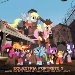 Size: 640x640 | Tagged: safe, artist:spytherealone, derpibooru import, applejack, berry punch, berryshine, derpy hooves, fluttershy, pinkie pie, rainbow dash, rarity, sunset shimmer, twilight sparkle, twilight sparkle (alicorn), alicorn, earth pony, pegasus, pony, unicorn, 2fort, bandage, caption, clothes, crossover, demoman, demoman (tf2), digital art, dog tags, engineer, engineer (tf2), eyepatch, female, flying, g4, game, gas mask, glasses, gloves, goggles, hard hat, hat, headpiece, heavy (tf2), heavy weapons guy, helmet, horn, image, interpretation, looking at you, mare, mask, medic, medic (tf2), png, pyro (tf2), scout (tf2), sniper, sniper (tf2), soldier (tf2), spread wings, spy, spy (tf2), suit, team fortress 2, text, video game, video game crossover, watermark, wings