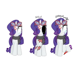 Size: 640x640 | Tagged: semi-grimdark, alternate version, artist:spytherealone, derpibooru import, edit, edited screencap, screencap, vector edit, rarity, pony, accessory, alternate universe, angry, blood, clothes, creepypasta, dead, eye scar, facial scar, female, floppy ears, friday night funkin', g4, glasses, horn, image, implied death, implied murder, mare, not a vector, png, sad, scar, scared, scarf, scissors, simple background, transparent background, vector, weapon