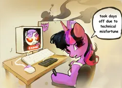 Size: 1665x1203 | Tagged: safe, artist:vondsketch, derpibooru import, sweetie belle, twilight sparkle, pony, robot, unicorn, chair, computer, cute, error, horn, image, jpeg, keyboard, looking at you, looking back, looking back at you, oh no, smoke, sweetie bot, talking, text