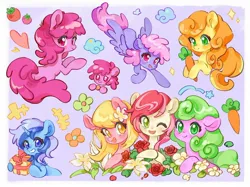 Size: 1890x1417 | Tagged: safe, artist:chonpsk, derpibooru import, berry punch, berryshine, carrot top, golden harvest, minuette, roseluck, earth pony, pegasus, pony, unicorn, carrot, cloud, cute, female, flower, flying, food, g4, horn, image, jpeg, looking at you, looking back, looking back at you, present, smiling, sparkles, tomato