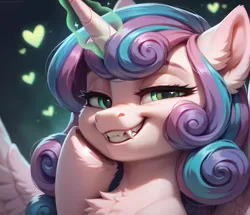Size: 1600x1376 | Tagged: safe, ai content, anonymous prompter, derpibooru import, machine learning generated, stable diffusion, princess flurry heart, changeling, g4, generator:pony diffusion v6 xl, image, looking at you, magic, png, sharp teeth, smiling, smiling at you, teeth