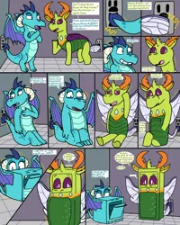 Size: 2400x3000 | Tagged: safe, artist:slywolf136, derpibooru import, princess ember, thorax, changeling, dragon, comic, commission, electricity, image, inanimate tf, oven, png, refrigerator, shocked, transformation