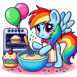 Size: 1024x1024 | Tagged: safe, ai content, artist:user15432, derpibooru import, machine learning generated, prompter:user15432, rainbow dash, pegasus, pony, apron, baking, balloon, bowl, bowtie, cake, cherry, clothes, food, g4, generator:bing image creator, generator:dall-e 3, image, jpeg, looking at you, mixing, mixing bowl, oven, rainbow sprinkles, smiling, smiling at you, sprinkles, whisk