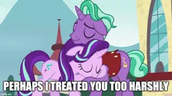 Size: 888x499 | Tagged: safe, derpibooru import, edit, edited screencap, editor:railpony, screencap, firelight, starlight glimmer, pony, unicorn, season 8, the parent map, spoiler:s08, avengers: endgame, caption, cute, duo, duo male and female, eyes closed, father and child, father and daughter, female, g4, horn, hug, image, imgflip, jpeg, male, male and female, mare, meme, perhaps i treated you too harshly, reformed starlight, stallion, text